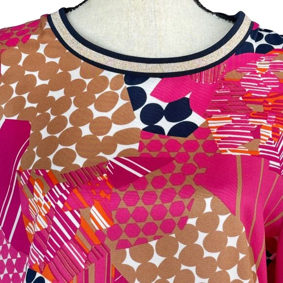 Charter Club Large Top Long Puff Sleeve Patchwork Print Crew Neck Fuchsia Multi - Picture 2 of 8